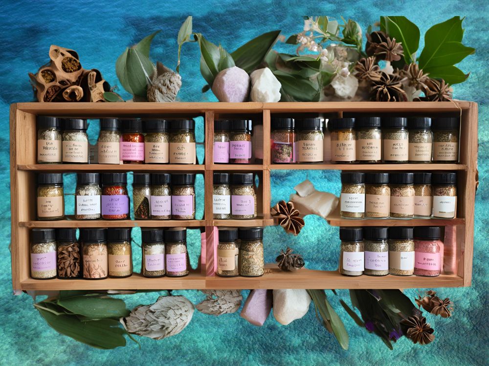 Conheça o Enigma Blend da In The Box: Um dos melhores perfumes contratipos inspirados no icônico Invictus Parfum de Paco Rabanne. 2 Prateleira com várias especiarias e ingredientes do Enigma Blend